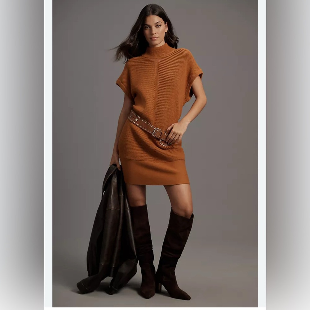 🛑SOLD!🥳 Anthropologie short sleeve mock neck Brown mini Sweater Dress. large EUC